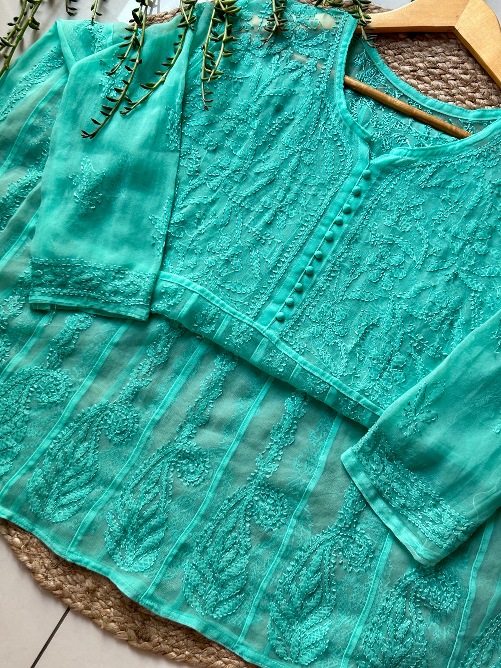 Aqua Blue Tara Resham Chikankari Hand Embroidered Women's Yog Anarkali Kurta