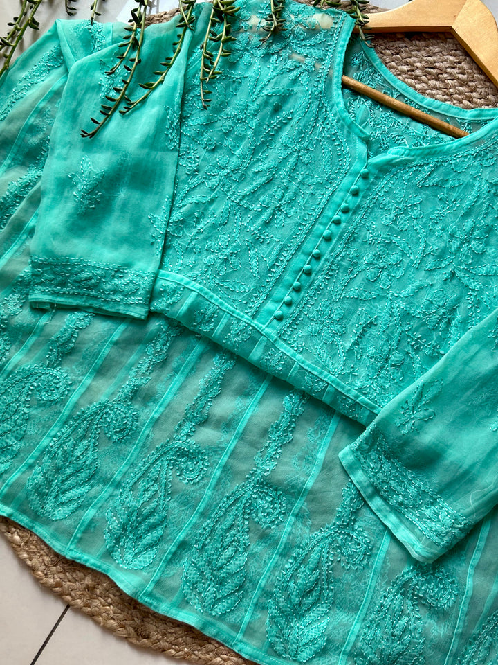 Aqua Blue Tara Resham Chikankari Hand Embroidered Women's Yog Anarkali Kurta
