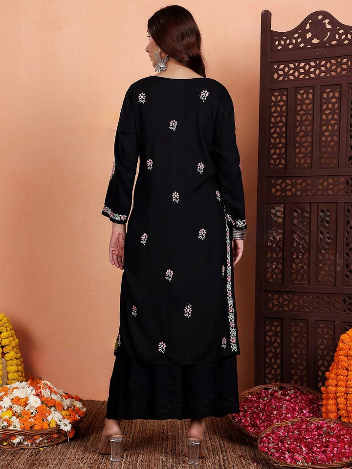 Black Irya Rayon Chikankari Hand Embroidered Women's Long Kurta
