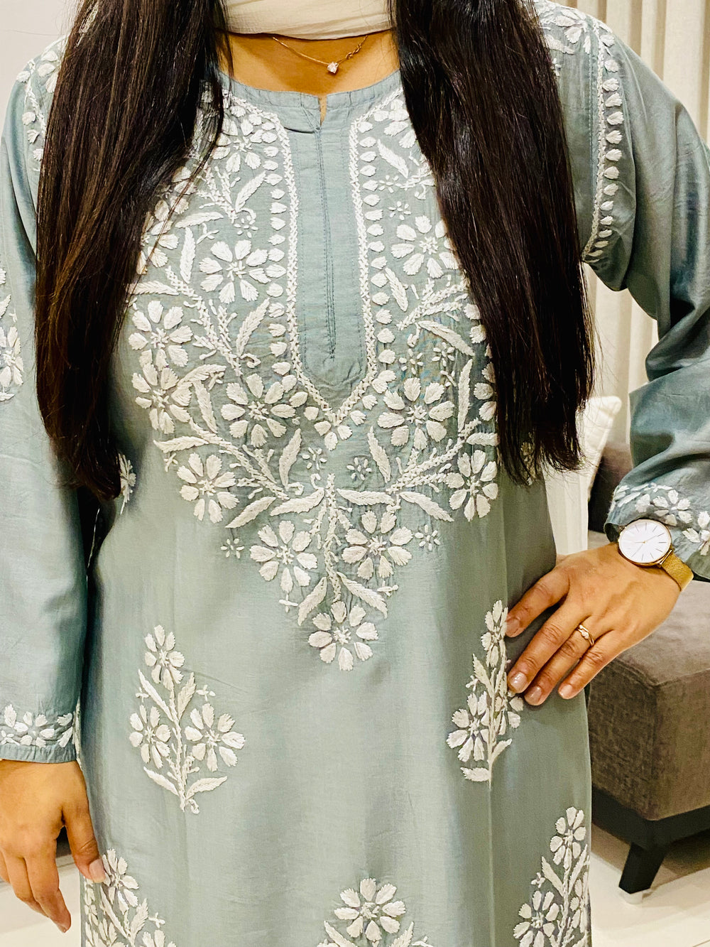 Grey Rida Premium Chanderi Chikankari Women's Solid Long Kurta