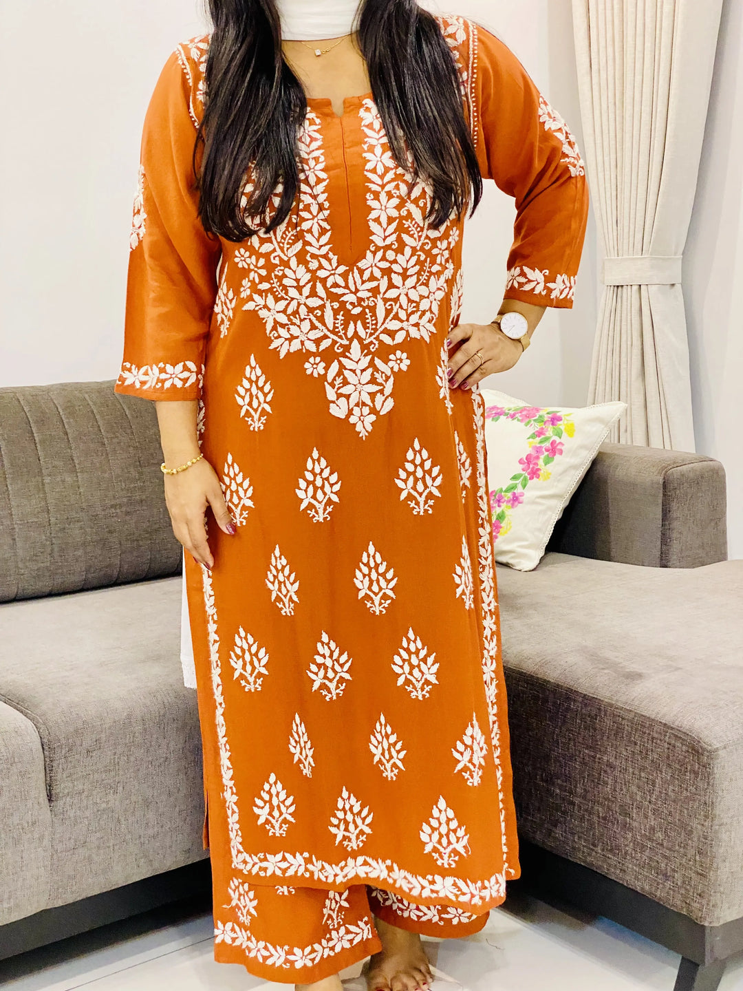 Rust Ritika Rayon Chikankari Solid Women's Long Kurta Palazzo Set
