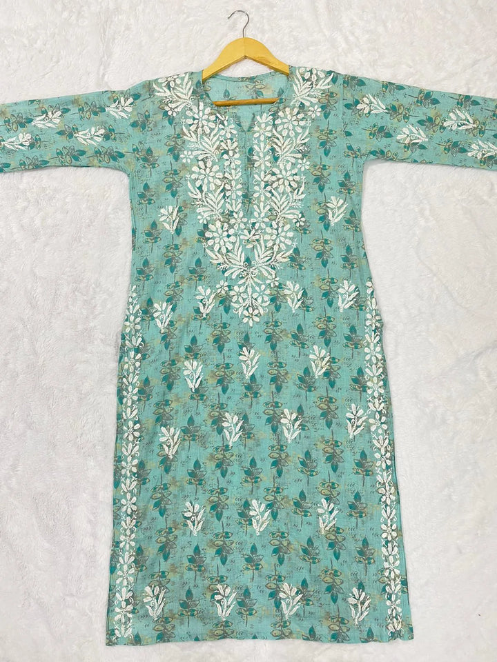 Mint Blue Inayat Cotton Chikankari Hand Embroidered Women's Long Kurta