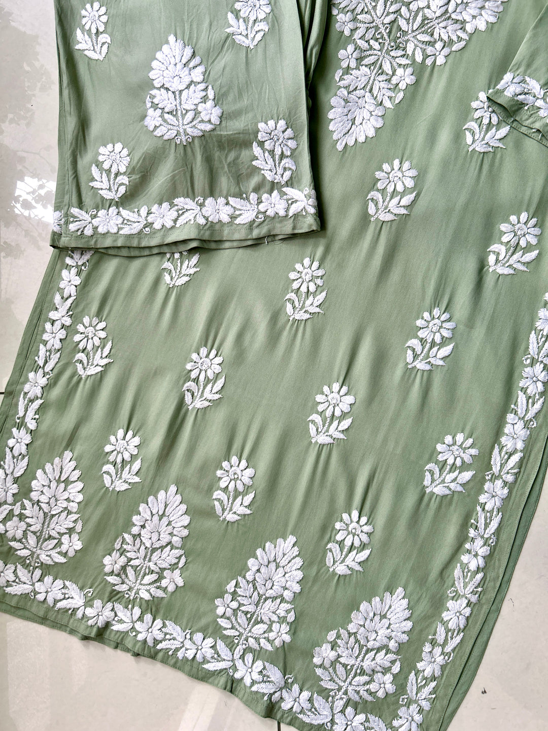 English Green Sangriya Rayon Chikankari Handwork women kurta palazzo set