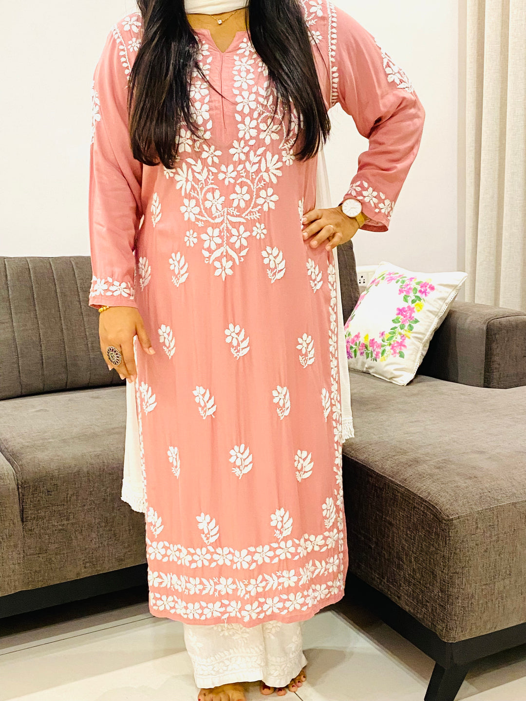 Onion Bela Premium Modal Chikankari Solid Women's Long Kurta