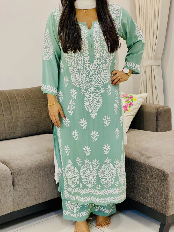 Army Green Opium Premium Modal Chikankari Women's Solid Long Kurta Palazzo Set