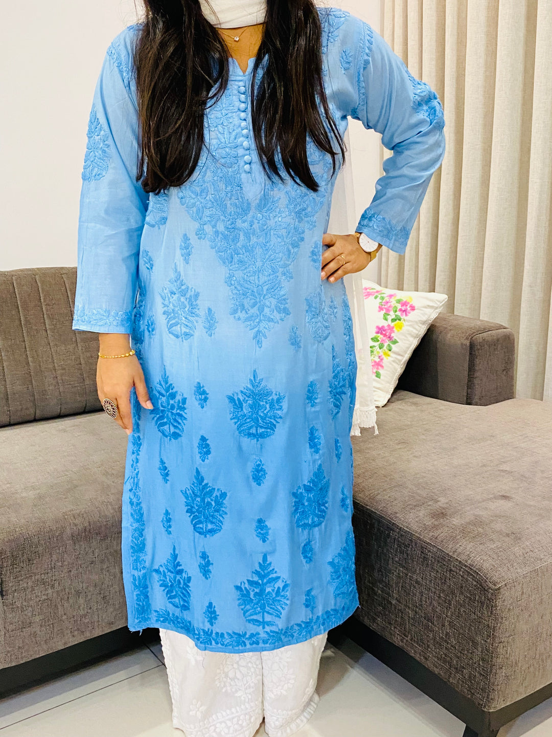 Powder Blue Butta Jaal Chanderi Silk Chikankari Women's Solid Long Kurta