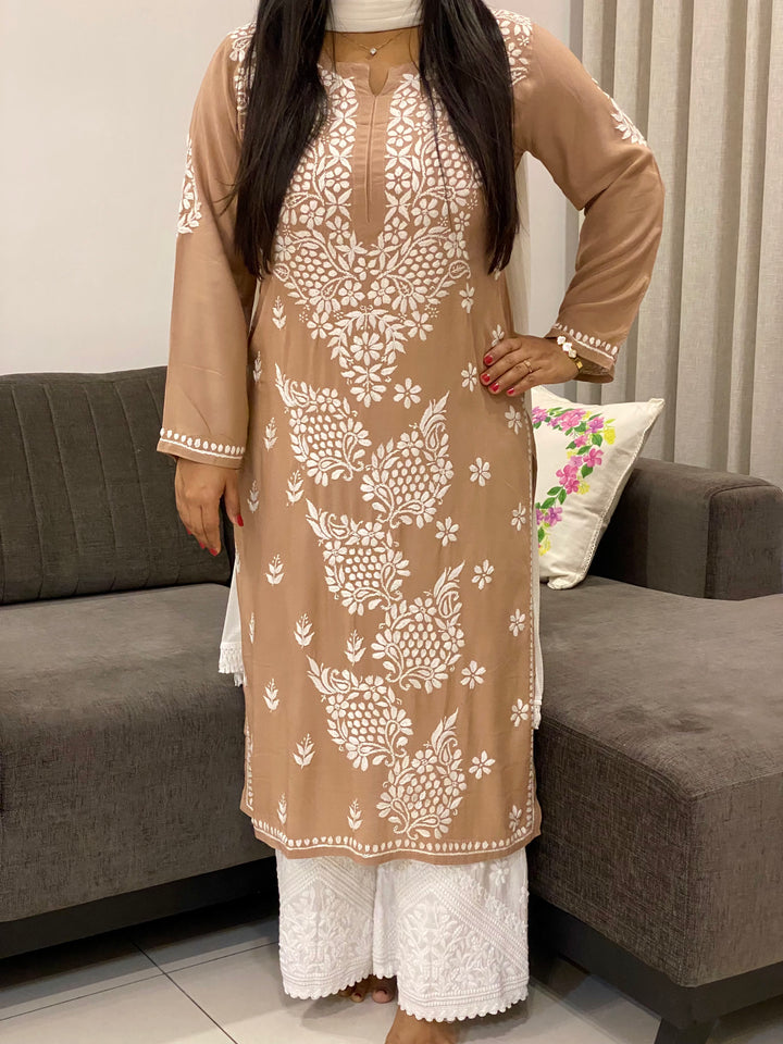 Beige Brown Esha Premium Modal Chikankari Solid Women's Kurta