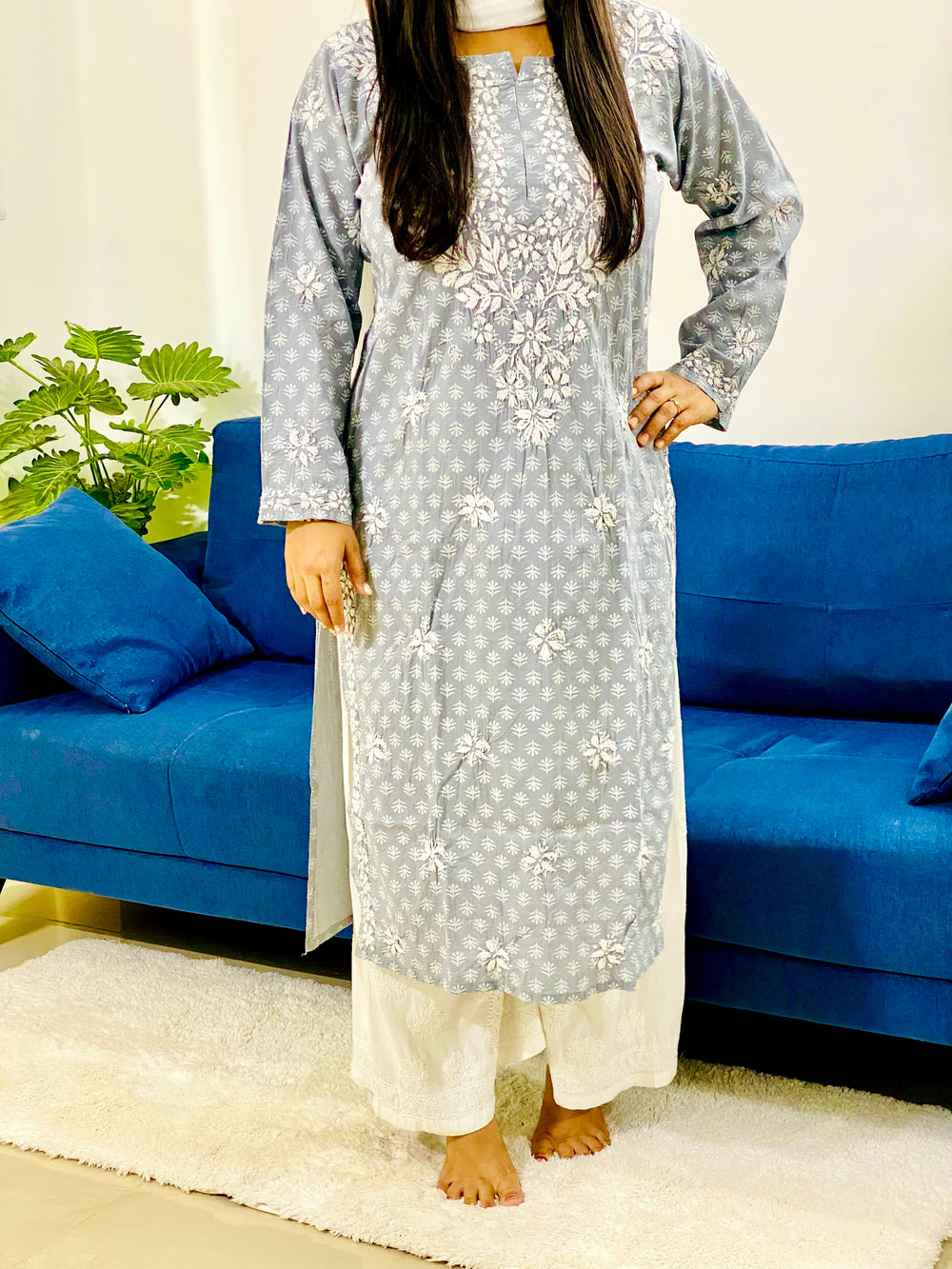Grey & White Inayat Cotton Chikankari Hand Embroidered Women's Long Kurta