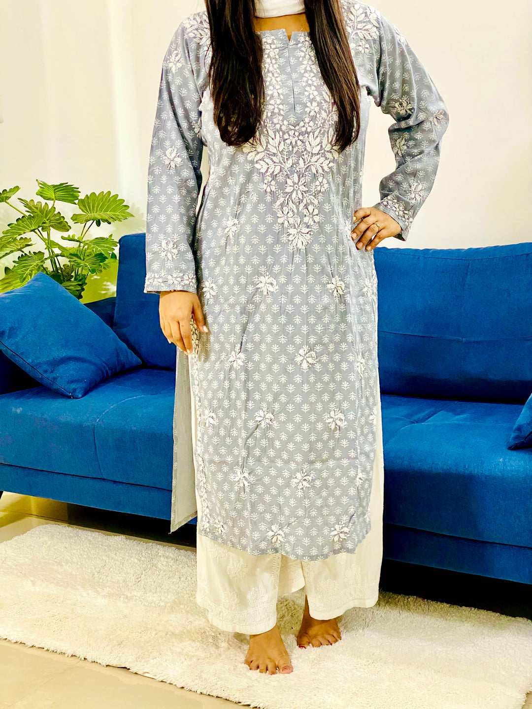 Grey & White Inayat Cotton Chikankari Hand Embroidered Women's Long Kurta