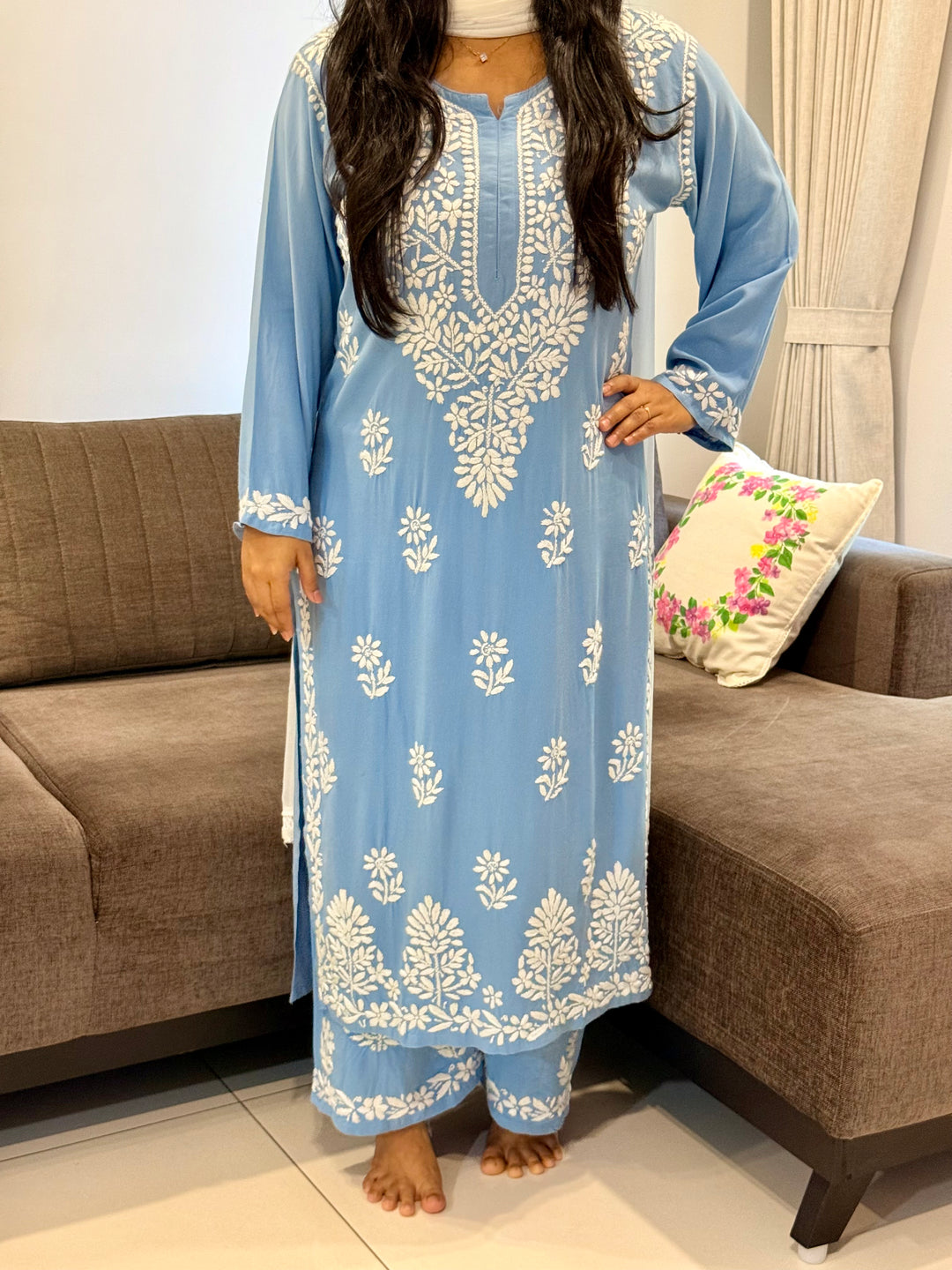 Powder Blue Sangriya Rayon Chikankari Handwork women kurta palazzo set