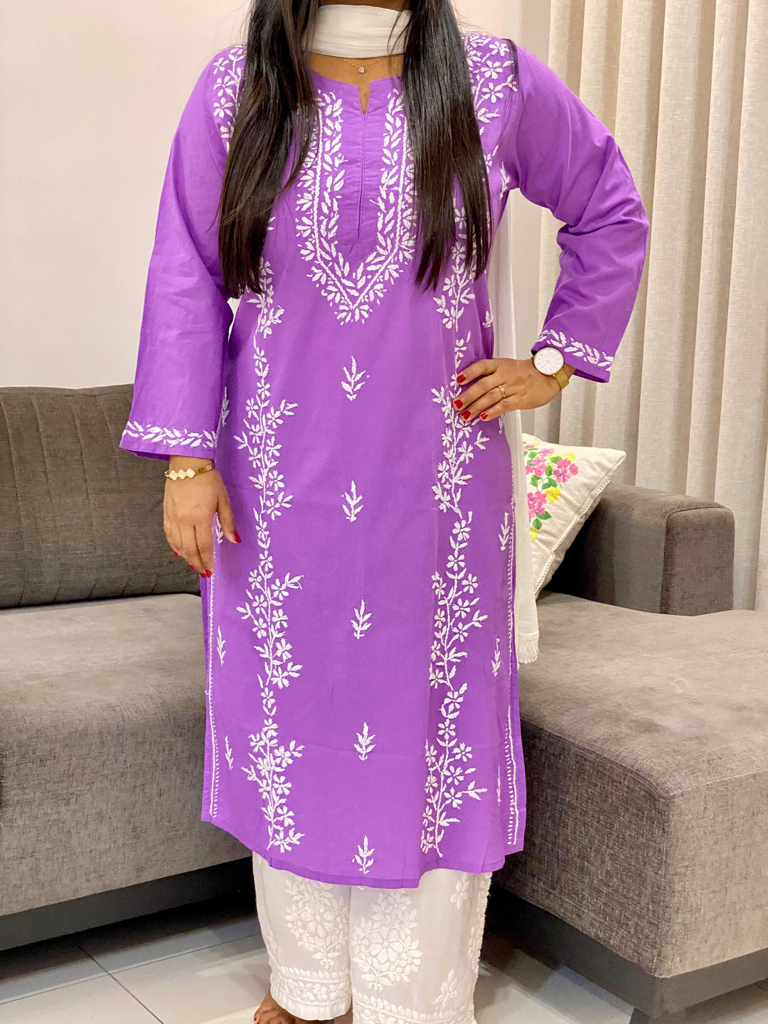 Lavender Ahana Cotton Chikankari Women's Solid Long Kurta