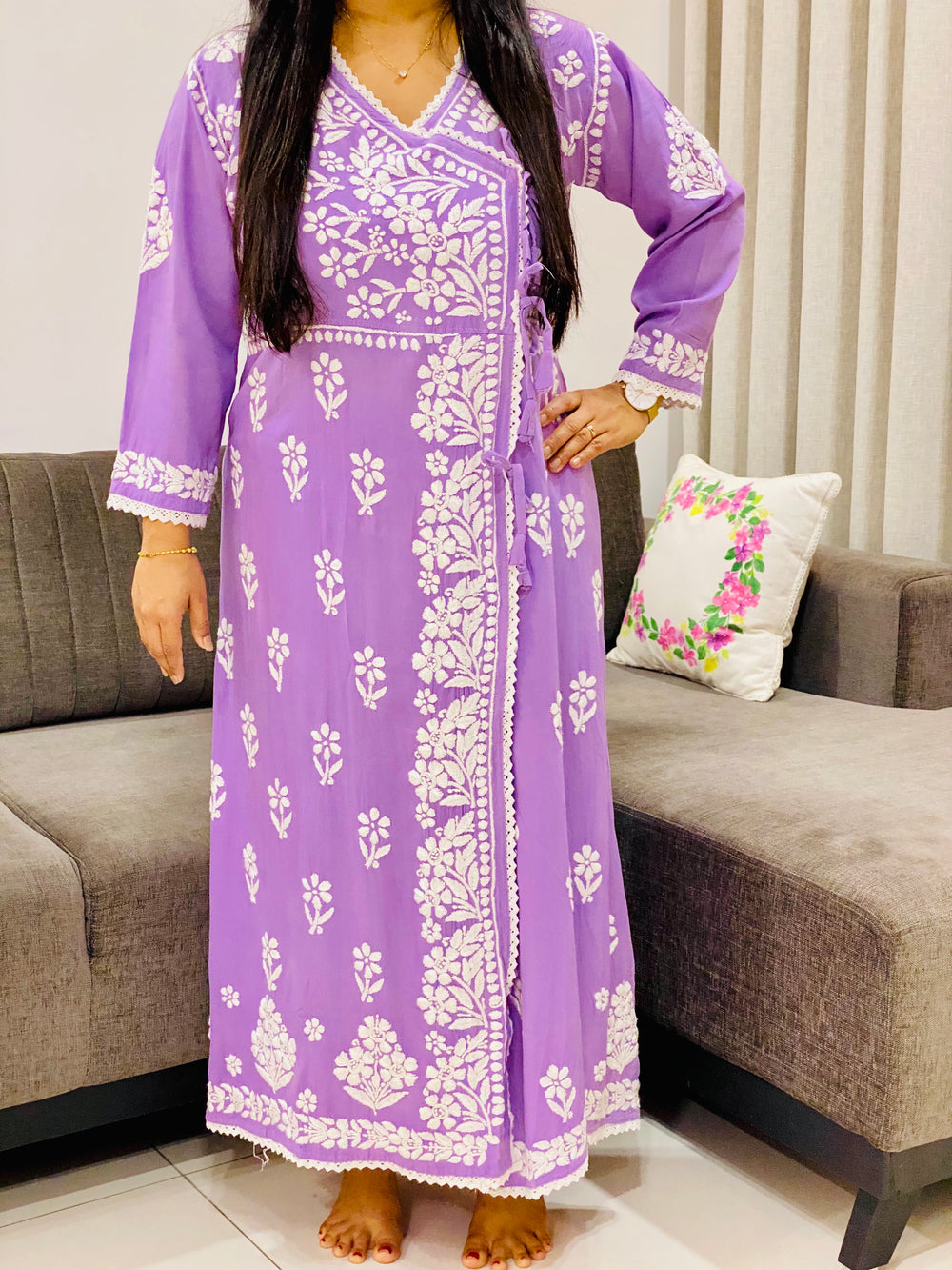 Lavender Tripti Rayon Chikankari Handwork Solid Women's Angrakha Kurta