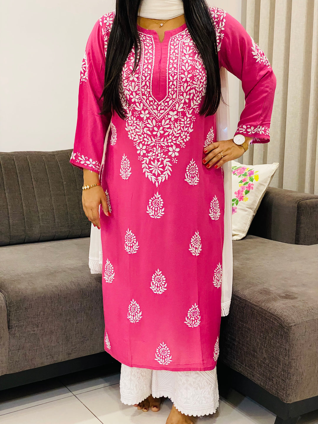 Dark Pink Niya Premium Modal Chikankari Solid Women's Long Kurta