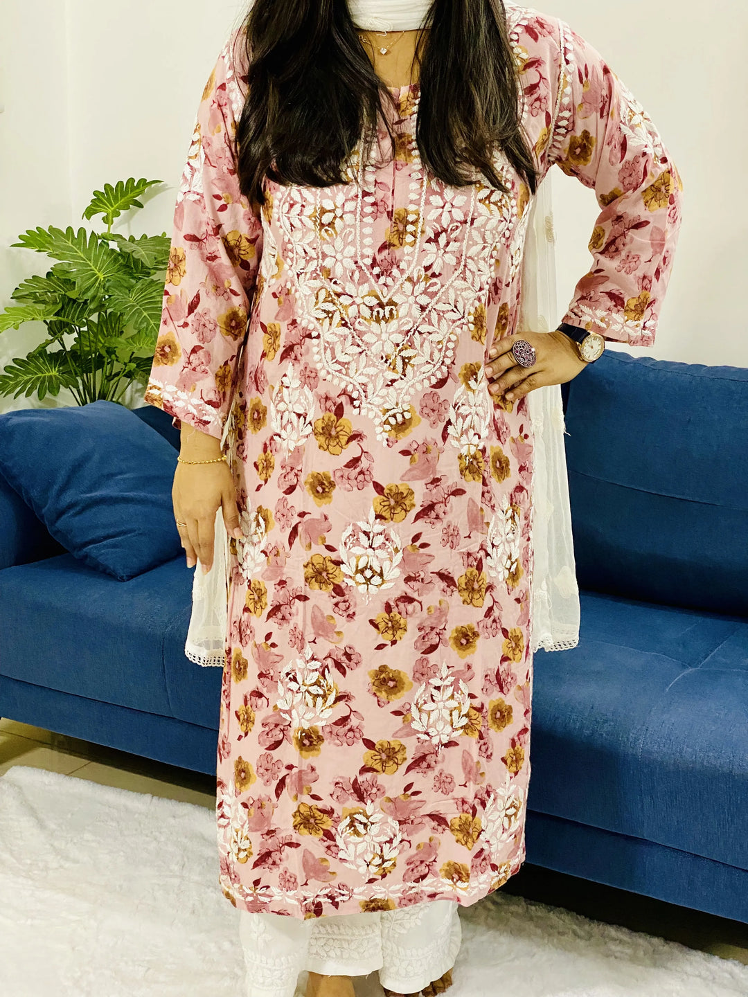 Onion Pink Heena Rayon Chikankari Handwork Floral Women's Long kurta