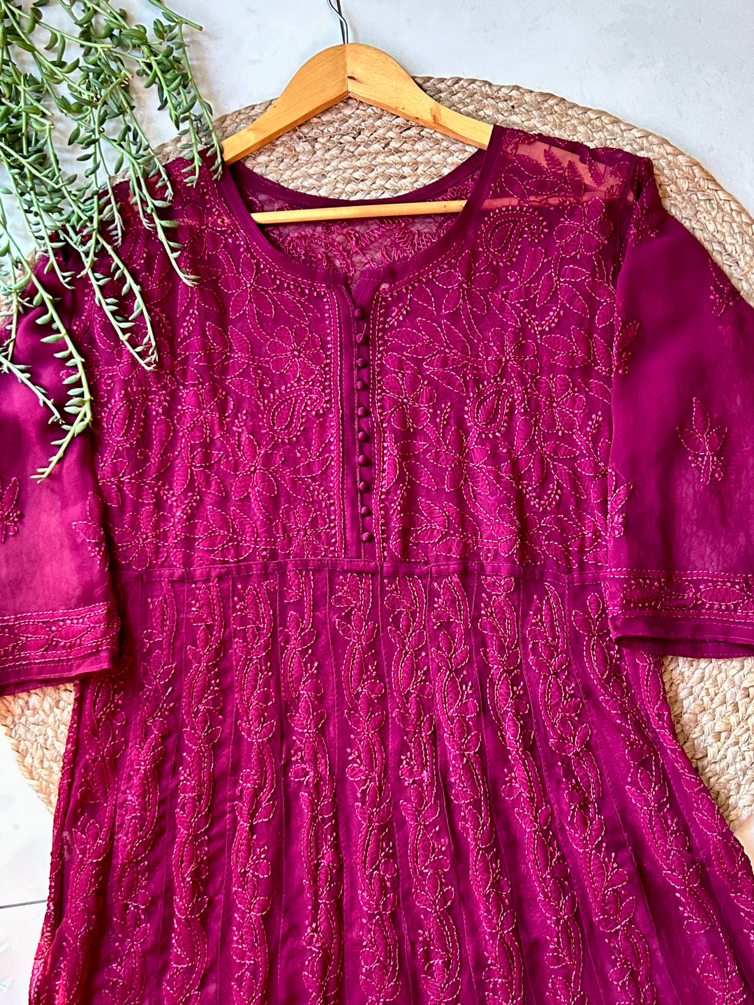 Wine Tara Resham Chikankari Hand Embroidered Women's Yog Anarkali Kurta