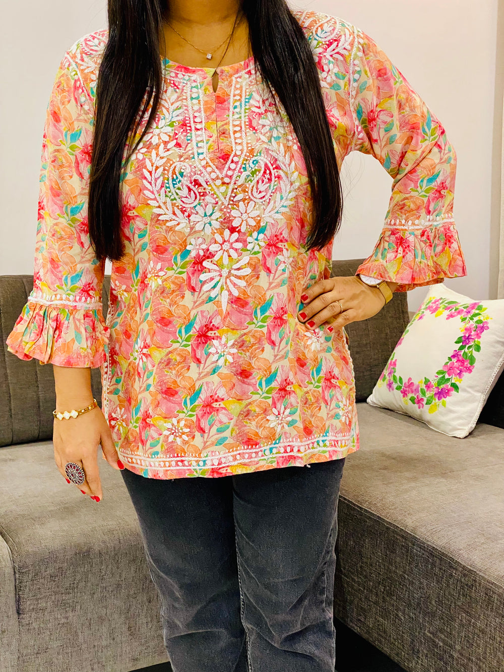 Peach Bell Fancy Sleeve Chikankari Hand Embroidered Women's Floral Short Kurta