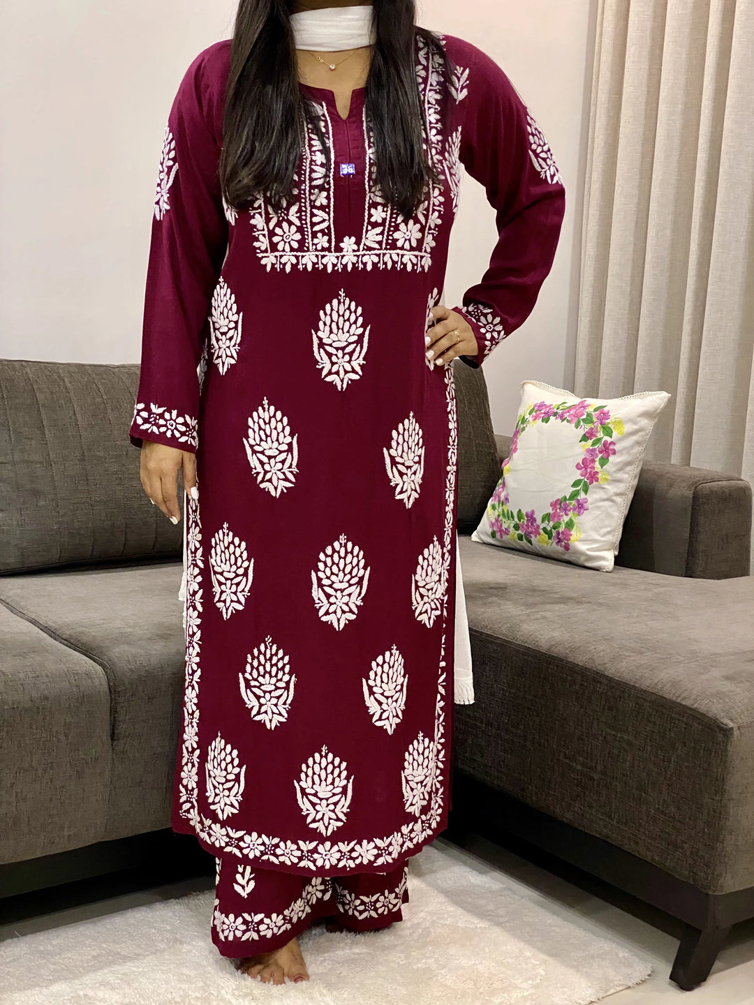 Maroon Bellate Premium Modal Chikankari Solid Women's Kurta Palazzo Set