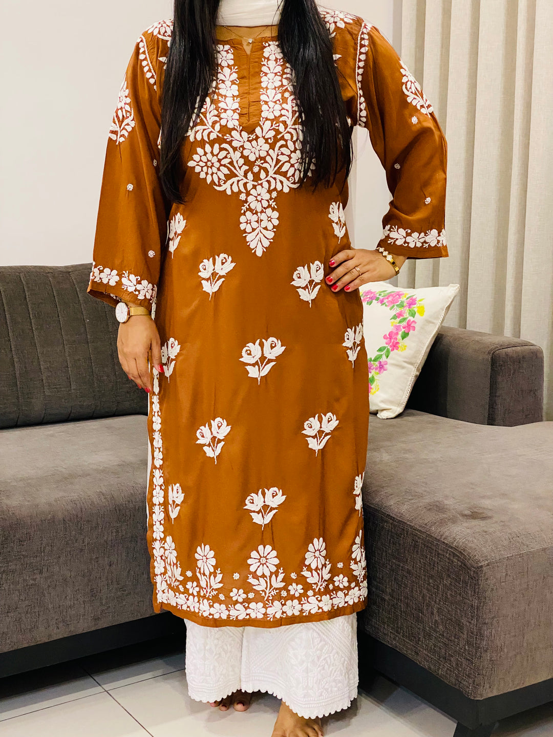 Brown Bahar Premium Modal Chikankari Women's Long Solid Kurta