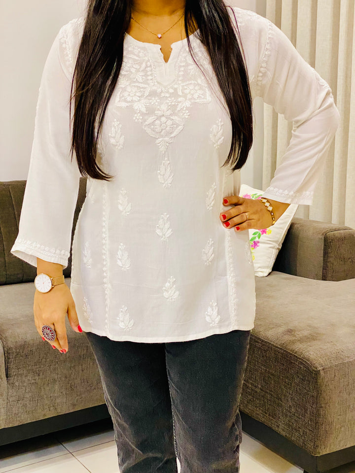 White Isha Rayon Chikankari Solid Women's Short Top