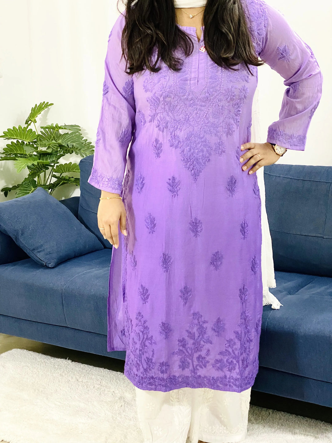 Lavender Murraya Chanderi Silk Chikankari Hand Embroidered Women's Solid Long Kurta