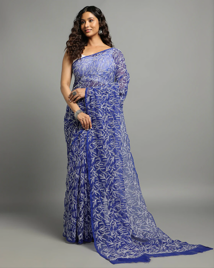Hansa Tapchi Chikankari Hand Embroidered Women's Saree - Navy Blue