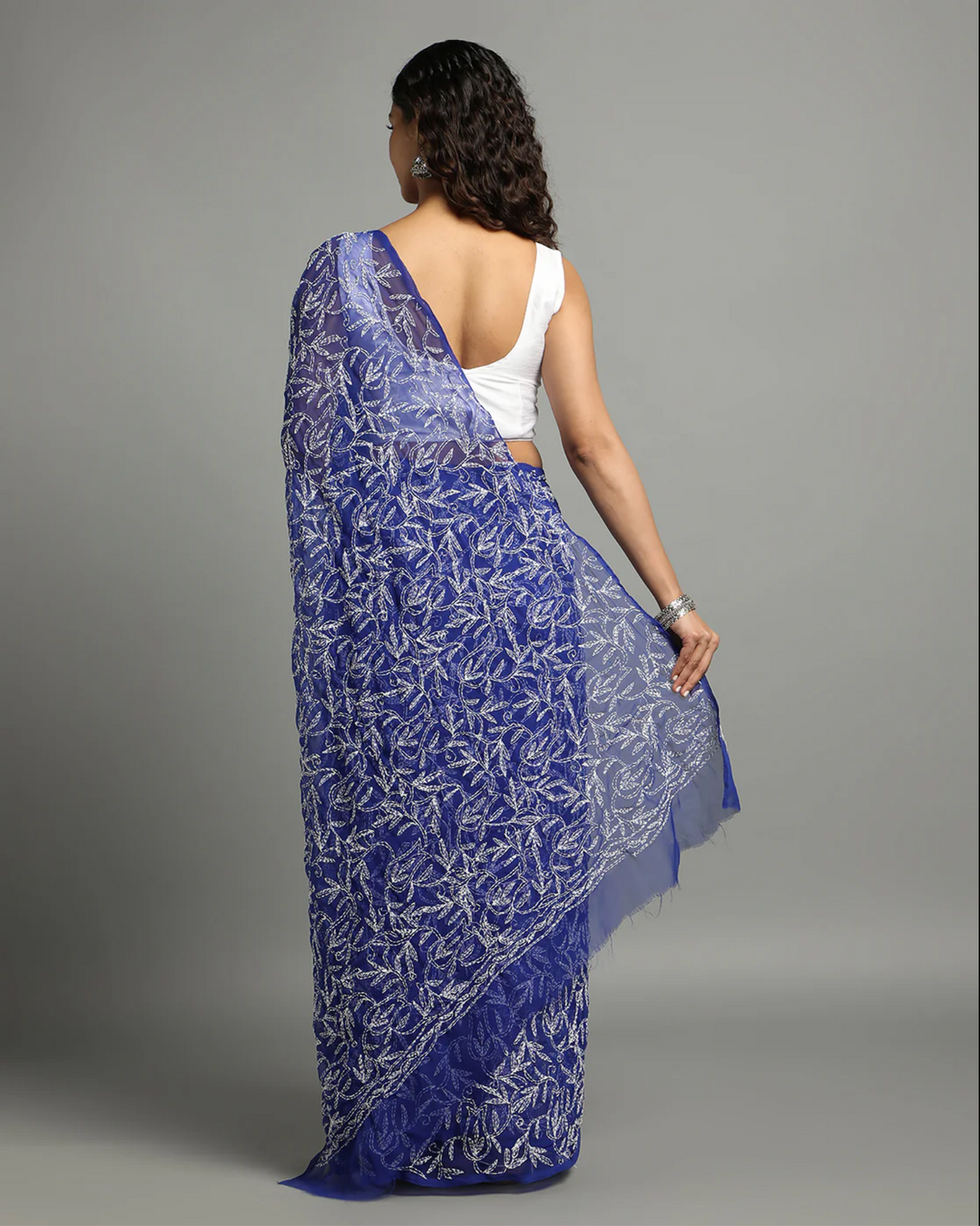Hansa Tapchi Chikankari Hand Embroidered Women's Saree - Navy Blue