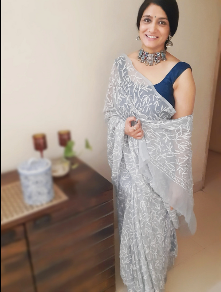 Hansa Tapchi Chikankari Hand Embroidered Women's Saree - Grey
