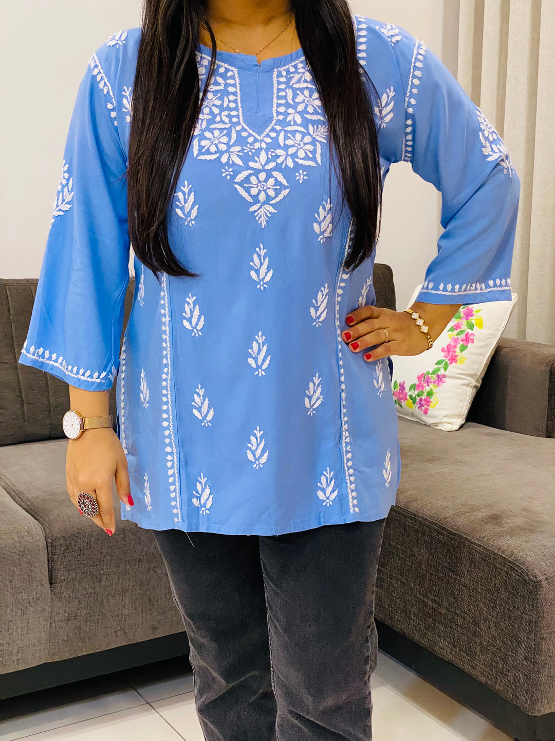 Powder Blue Isha Rayon Chikankari Solid Women's Short Top