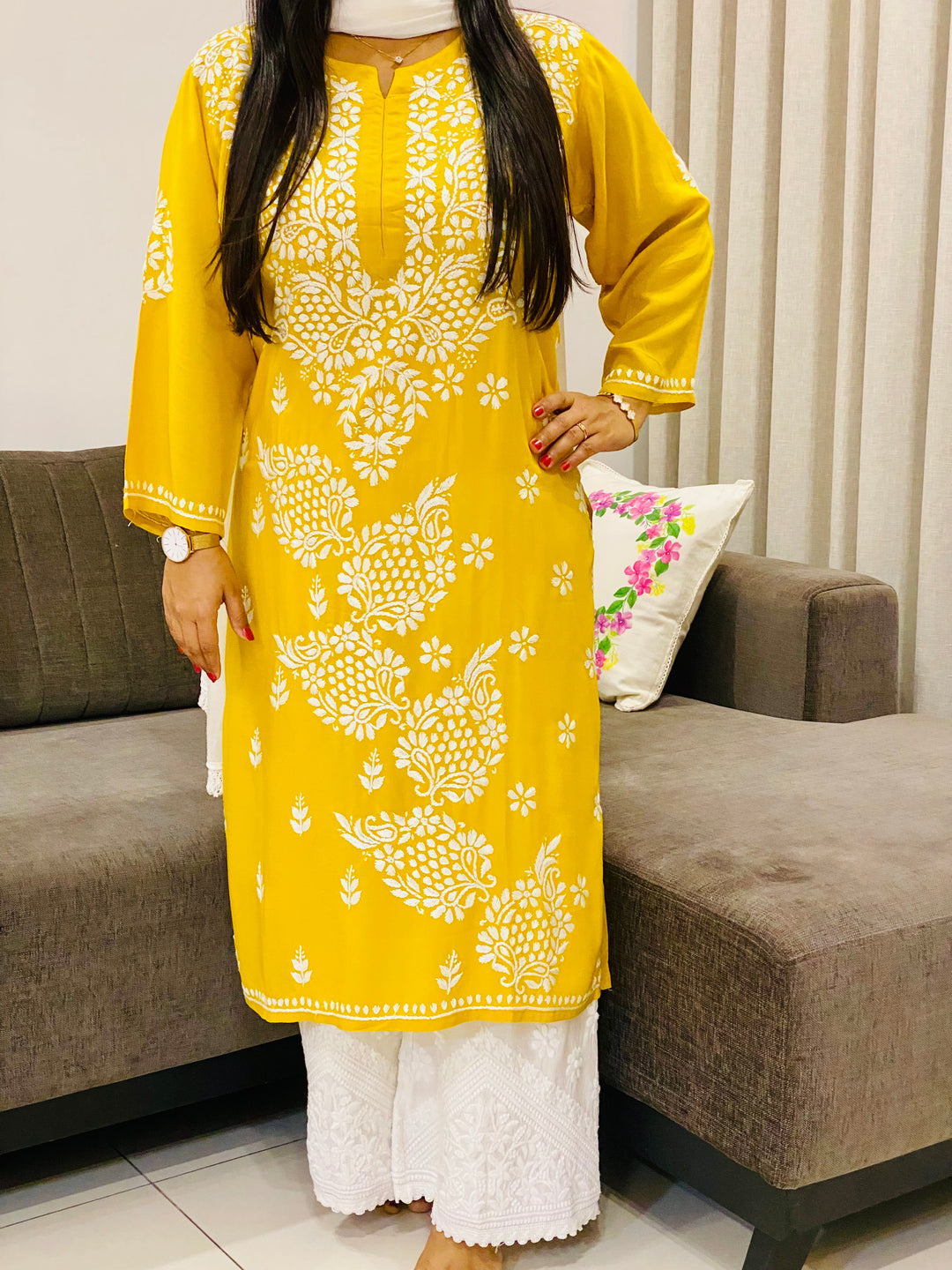 Yellow Esha Premium Modal Chikankari Solid Women's Kurta