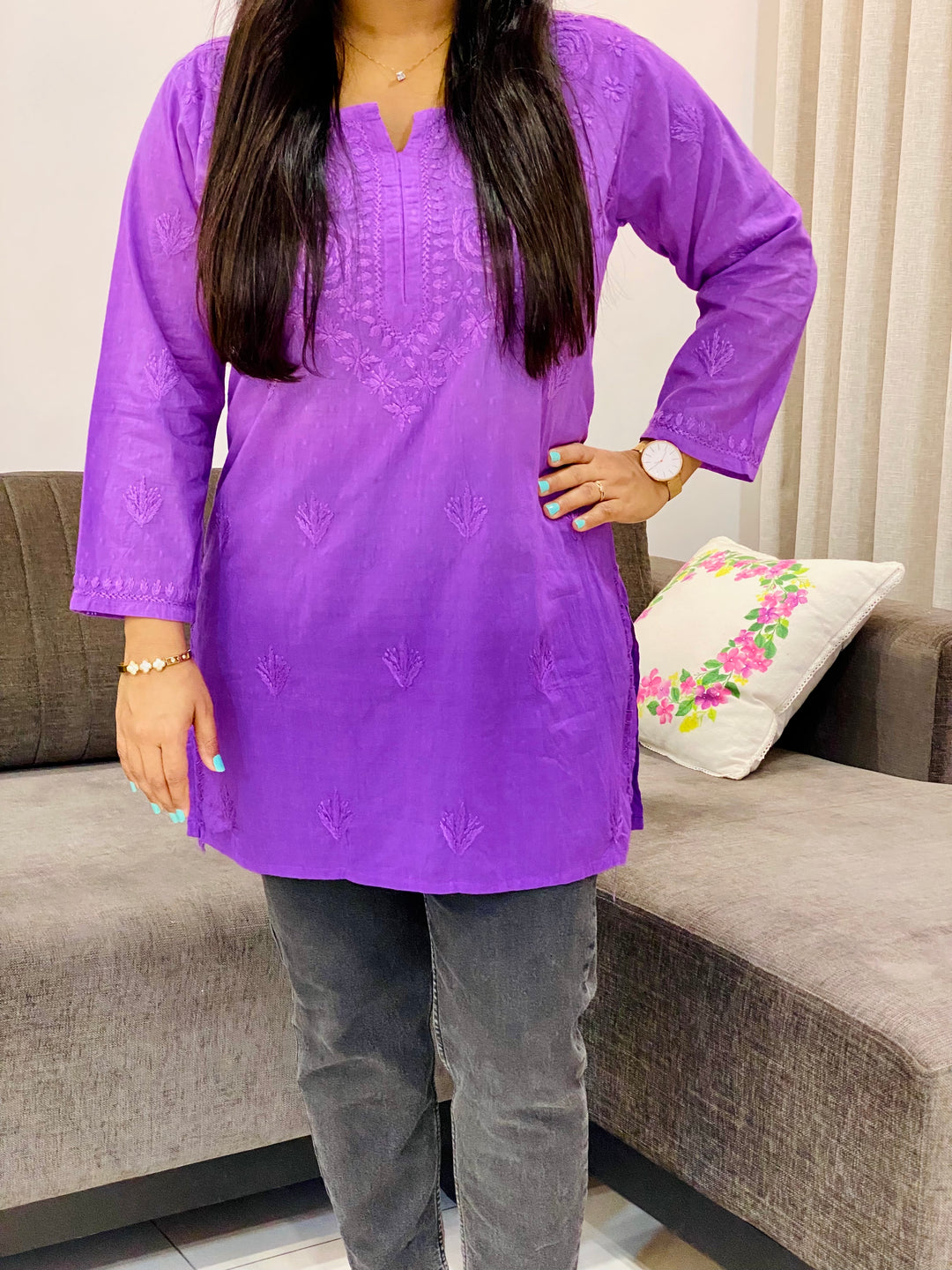 Lavender Pink Rose Dobby Mulmul Chikankari Hand Embroidered Women's Short Kurta