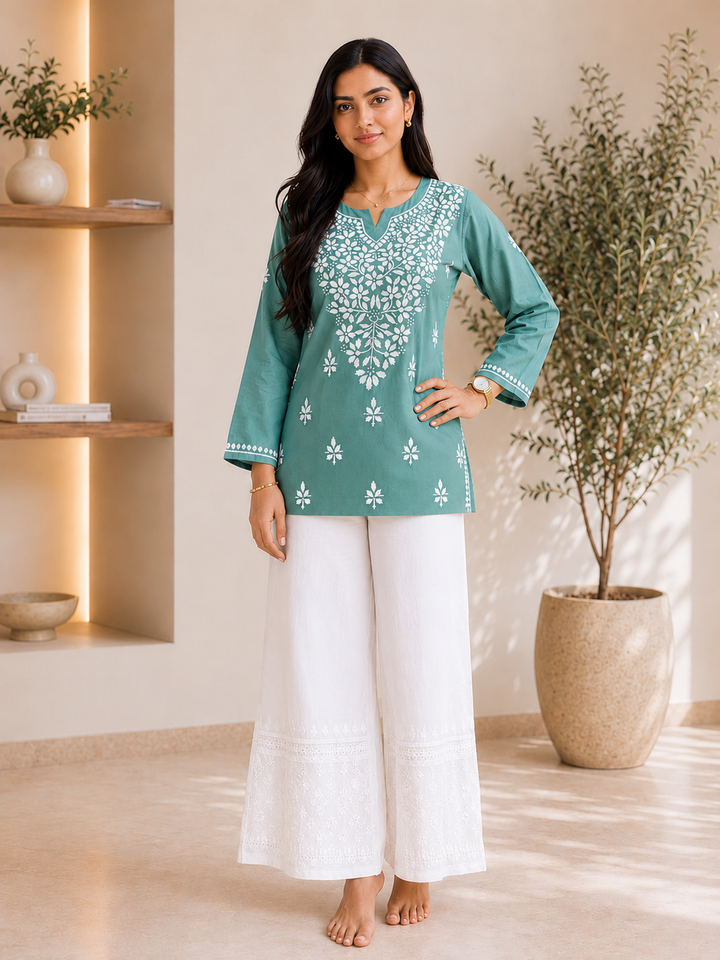 Ekra Cotton Chikankari Solid Women's Short Kurta - Army Green