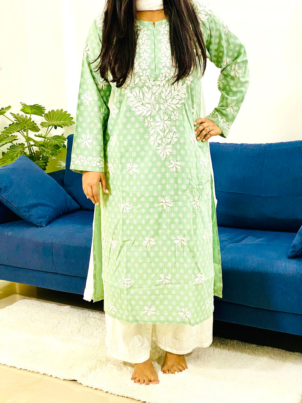 Saunf Green Inayat Cotton Chikankari Hand Embroidered Women's Long Kurta