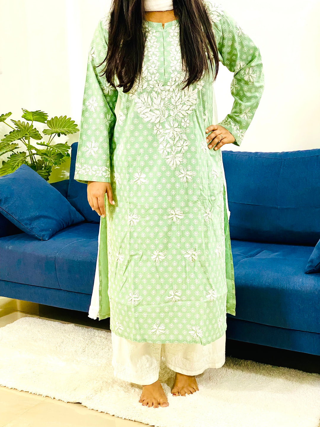 Saunf Green Inayat Cotton Chikankari Hand Embroidered Women's Long Kurta