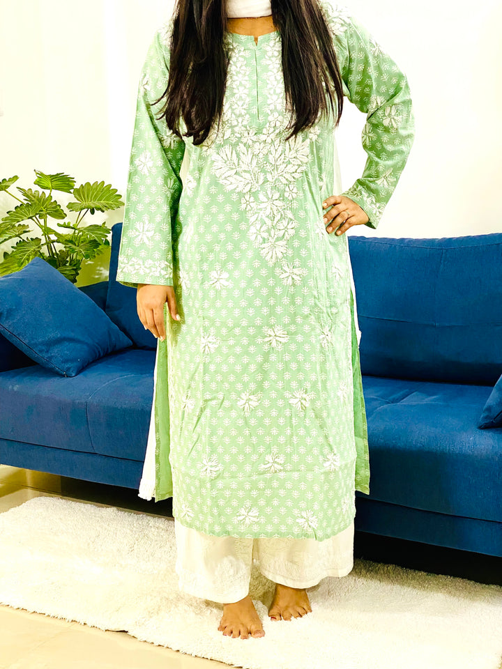 Saunf Green Inayat Cotton Chikankari Hand Embroidered Women's Long Kurta