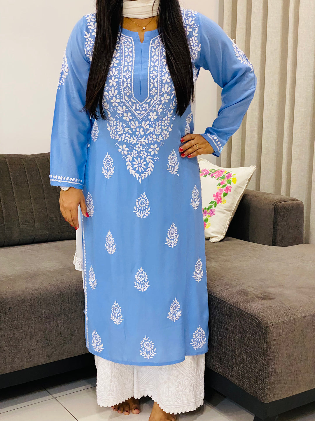 Powder Blue Niya Premium Modal Chikankari Solid Women's Long Kurta