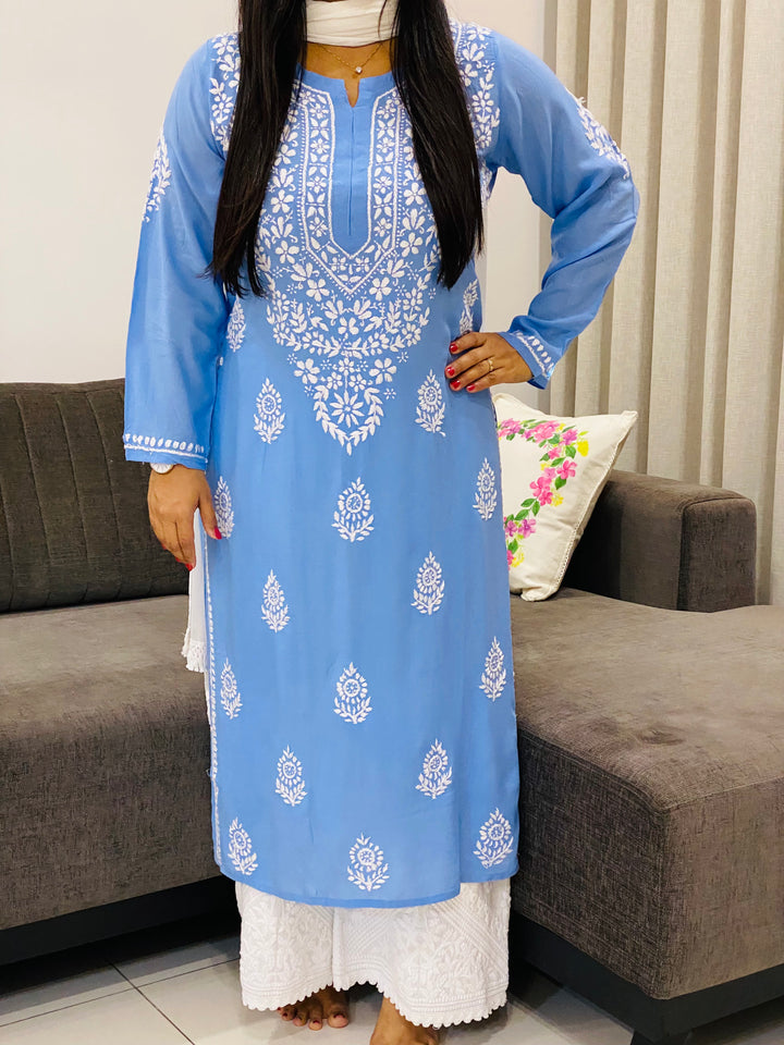 Powder Blue Niya Premium Modal Chikankari Solid Women's Long Kurta