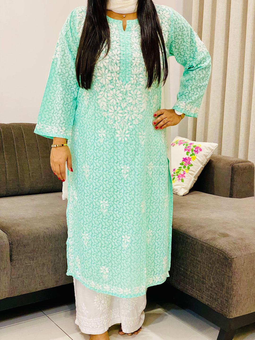 Aqua Aadita Mulmul Cotton Chikankari Handwork Women's Floral Long Kurta