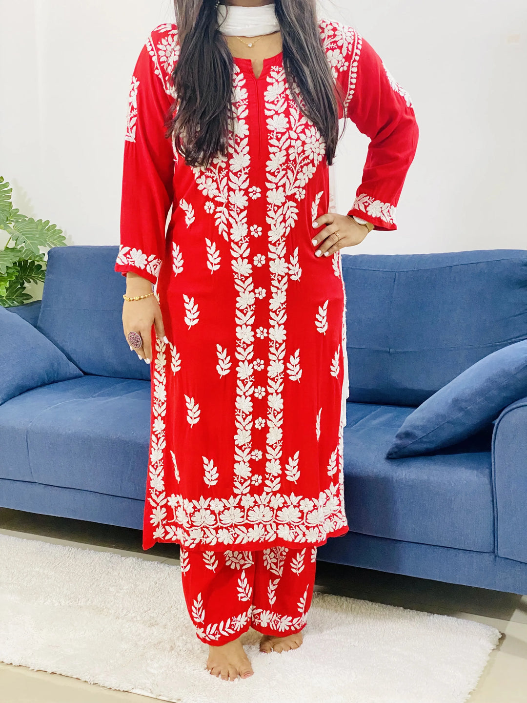Red Anaisha Rayon Chikankari Women's Solid Kurta Palazzo Set