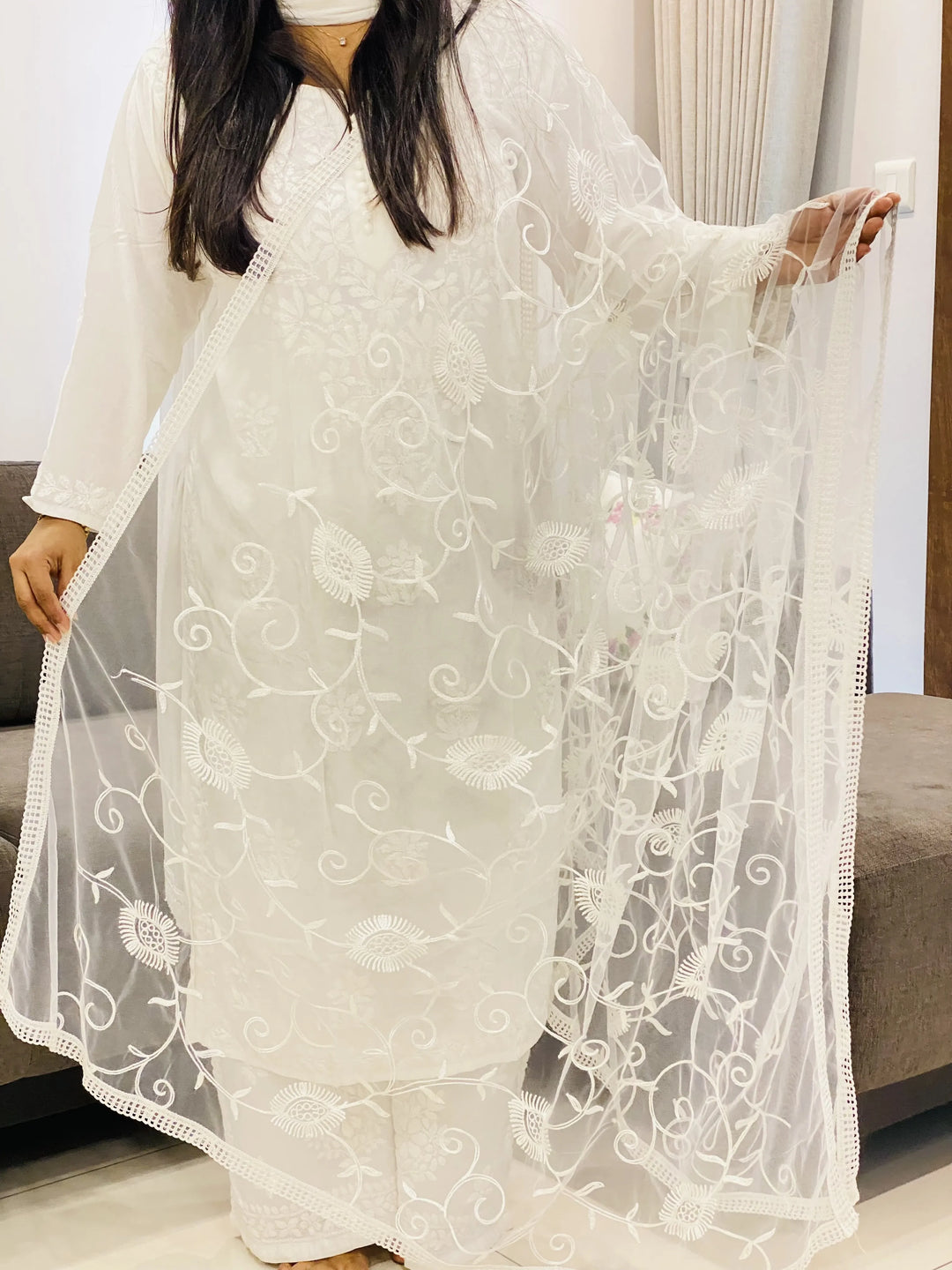 White Jaal Aari Soft Net Women's Dupatta