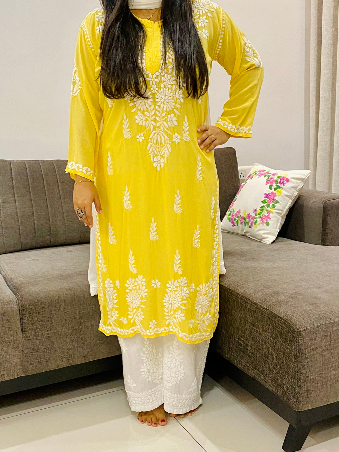 Light Yellow Rosa Modal Chikankari Solid Women's Long Kurta