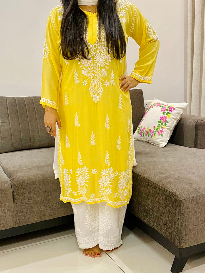 Light Yellow Rosa Modal Chikankari Solid Women's Long Kurta