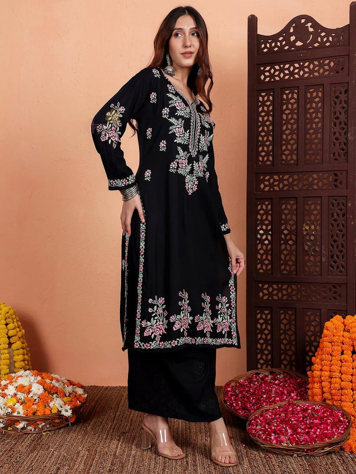 Black Irya Rayon Chikankari Hand Embroidered Women's Long Kurta