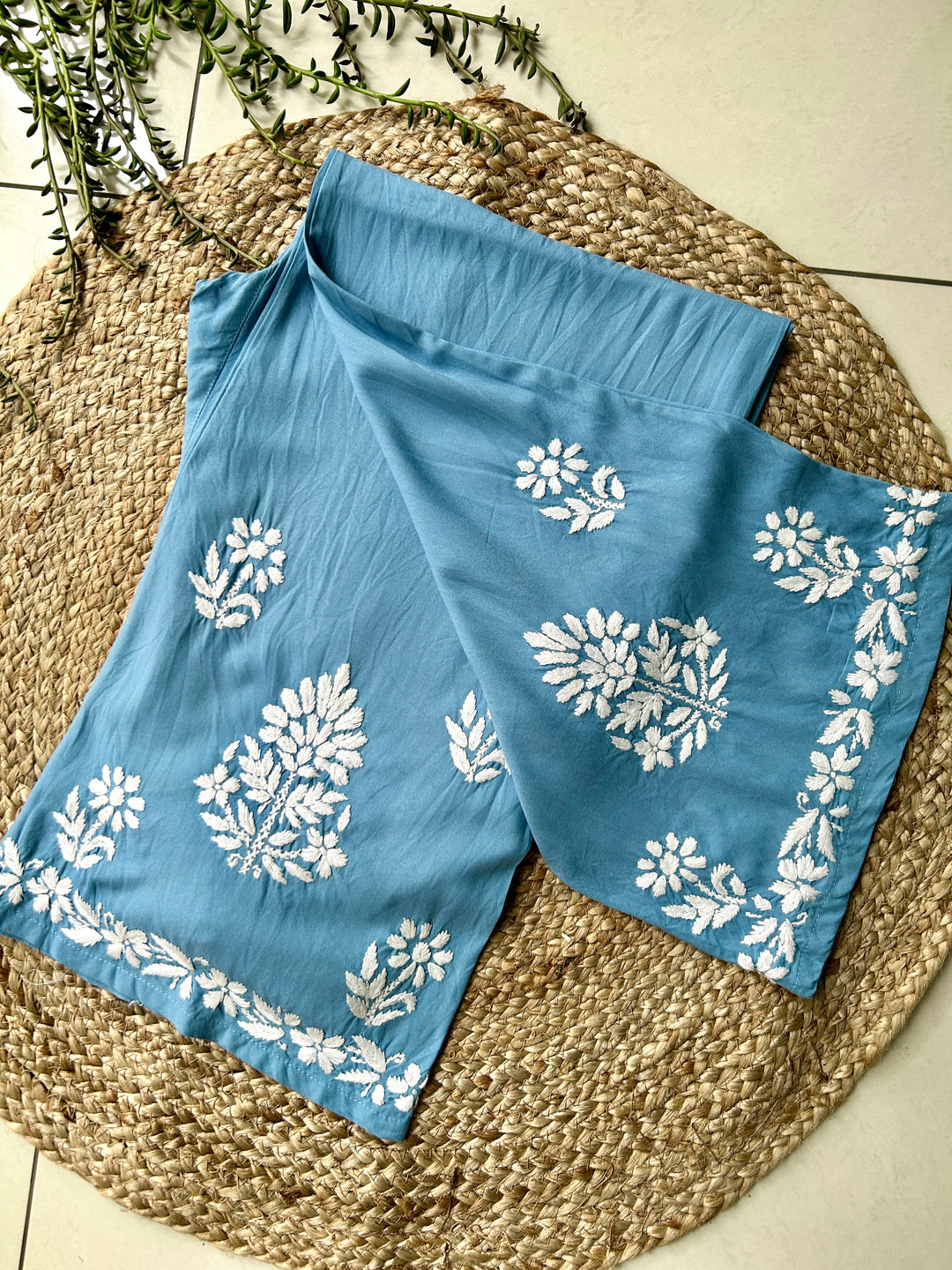 Powder Blue Sangriya Rayon Chikankari Handwork women kurta palazzo set