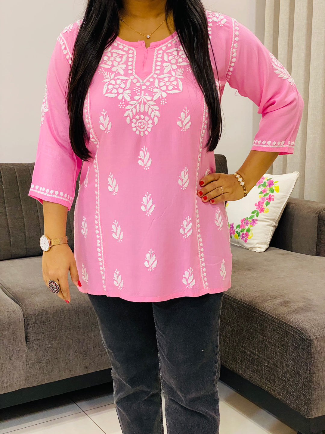 Pink Isha Rayon Chikankari Solid Women's Short Top