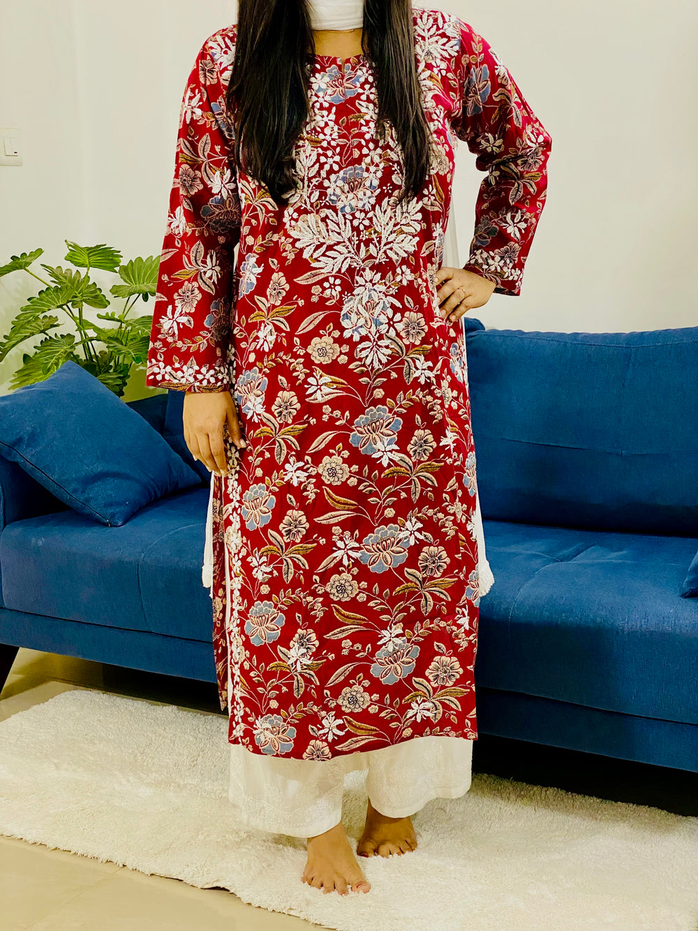 Maroon Inayat Cotton Chikankari Hand Embroidered Women's Long Kurta