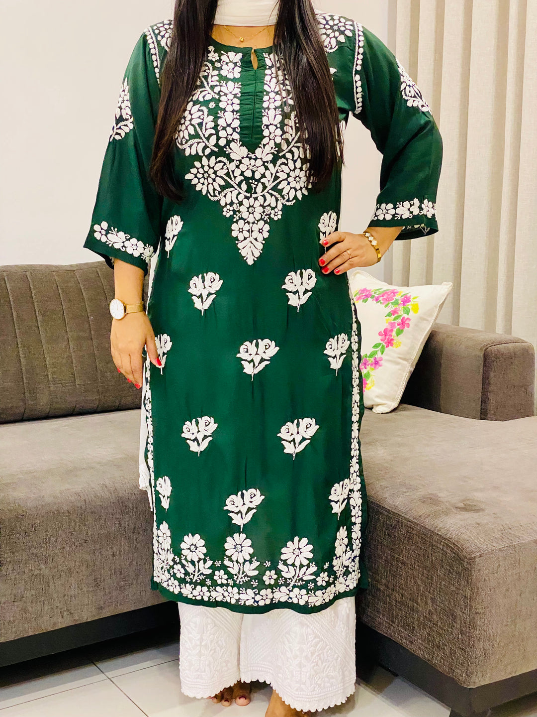 Bottle Green Bahar Premium Modal Chikankari Women's Long Solid Kurta