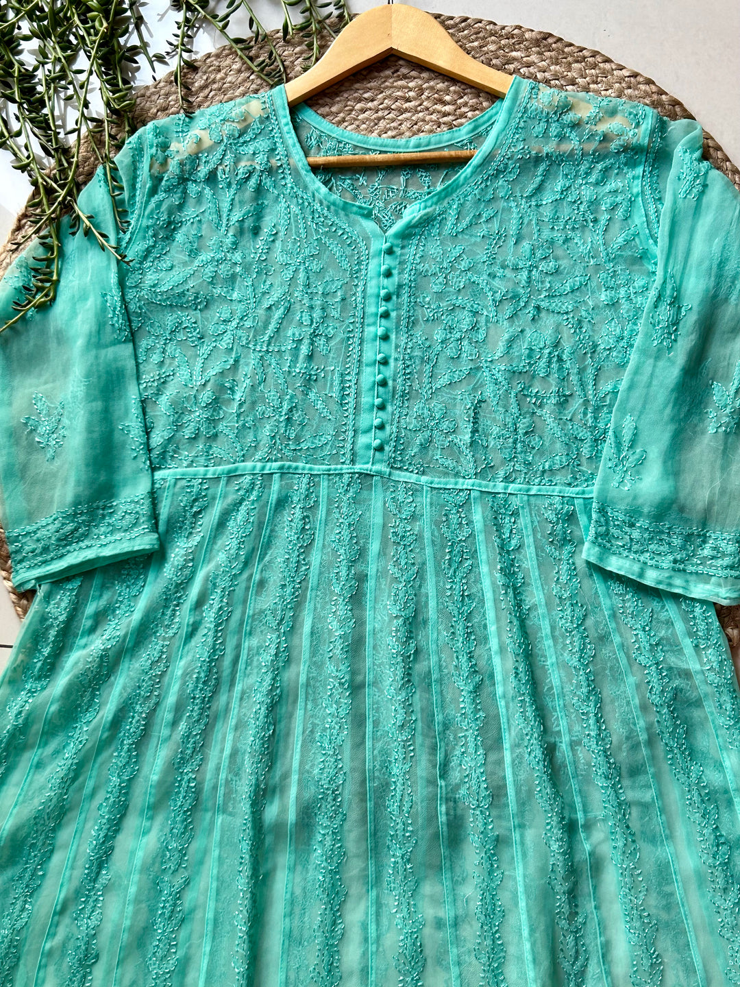 Aqua Blue Tara Resham Chikankari Hand Embroidered Women's Yog Anarkali Kurta
