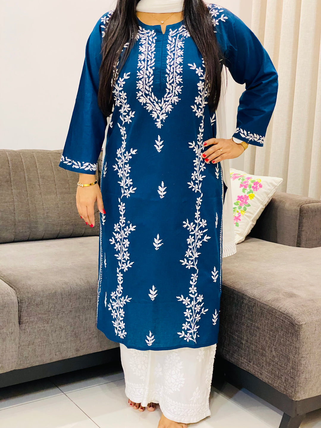 Teal Blue Ahana Cotton Chikankari Women's Solid Long Kurta