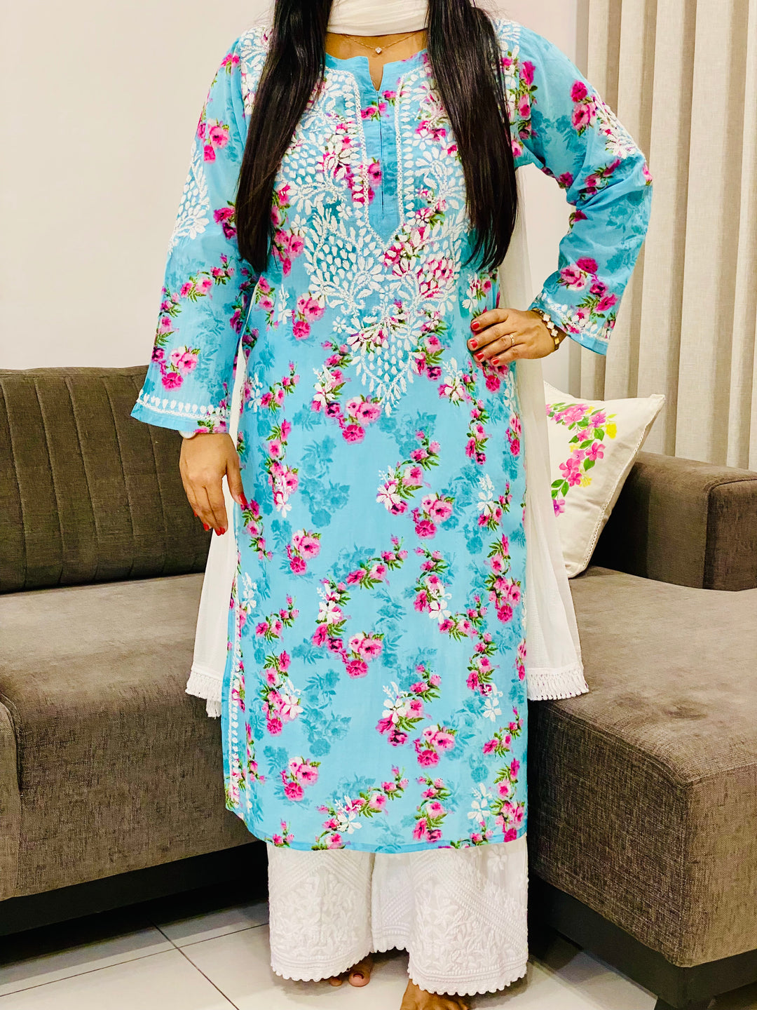 Ferozi Dvita Mulmul Chikankari Floral Women's Long Kurta
