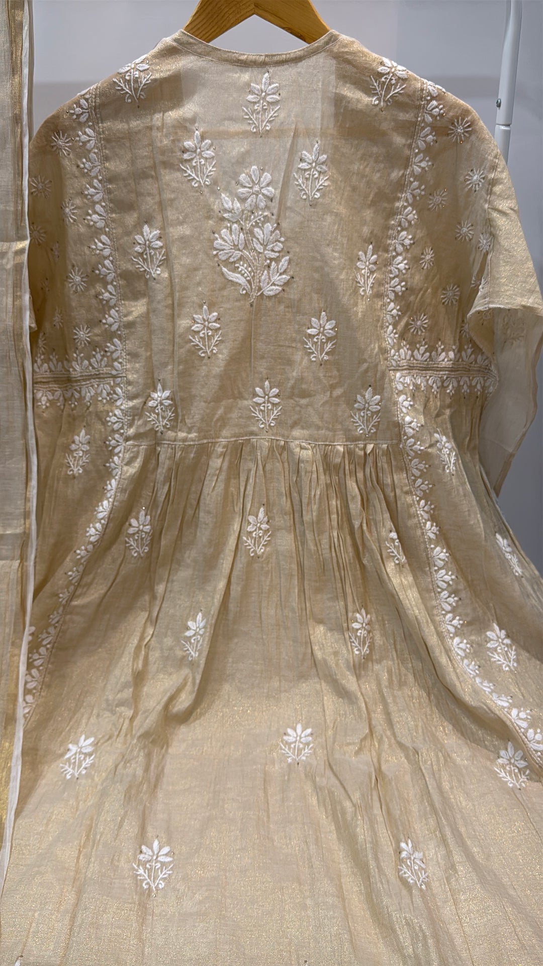 Beige Kohinoor Mul-Chanderi Chikankari Hand Embroidered Women's Anarkali Kurta Set
